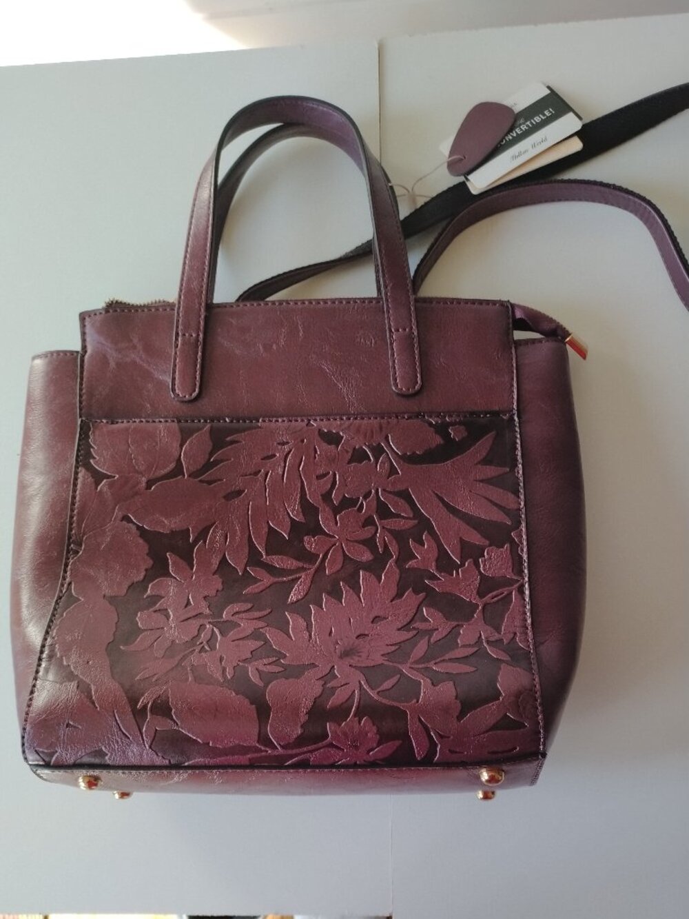 Convertible 3-way handbag/crossbody/backpack Vegan Leather Burgundy Embossed NEW - Picture 2 of 14